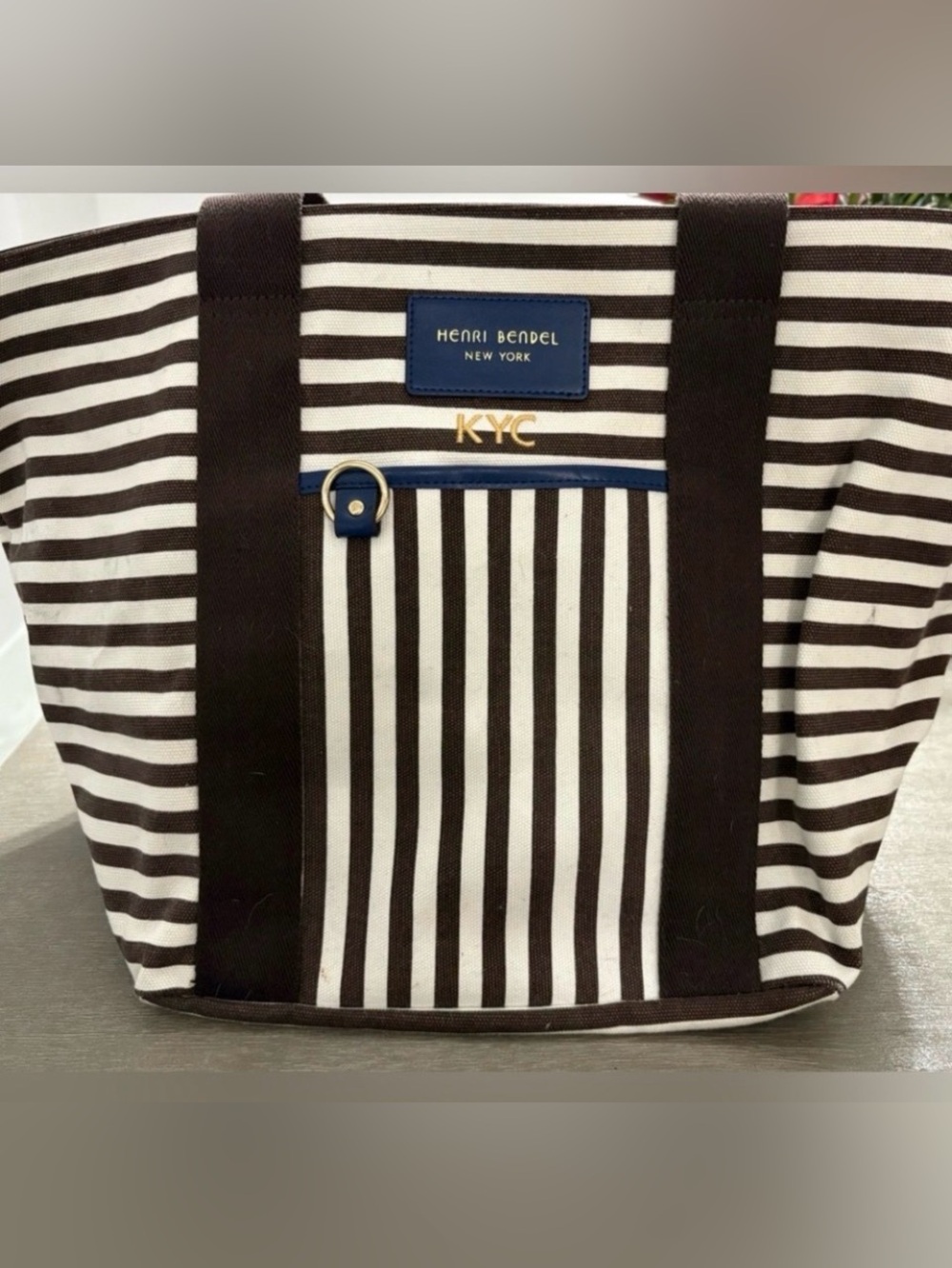 “Henri Bendel” Brown & White Centennial Stripe Canvas Tote.